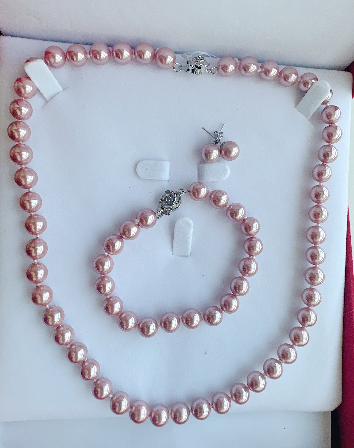 8mm Mother of Pearl Set of Earrings, Bracelet & Necklace with flower clasp - jptreasureschest