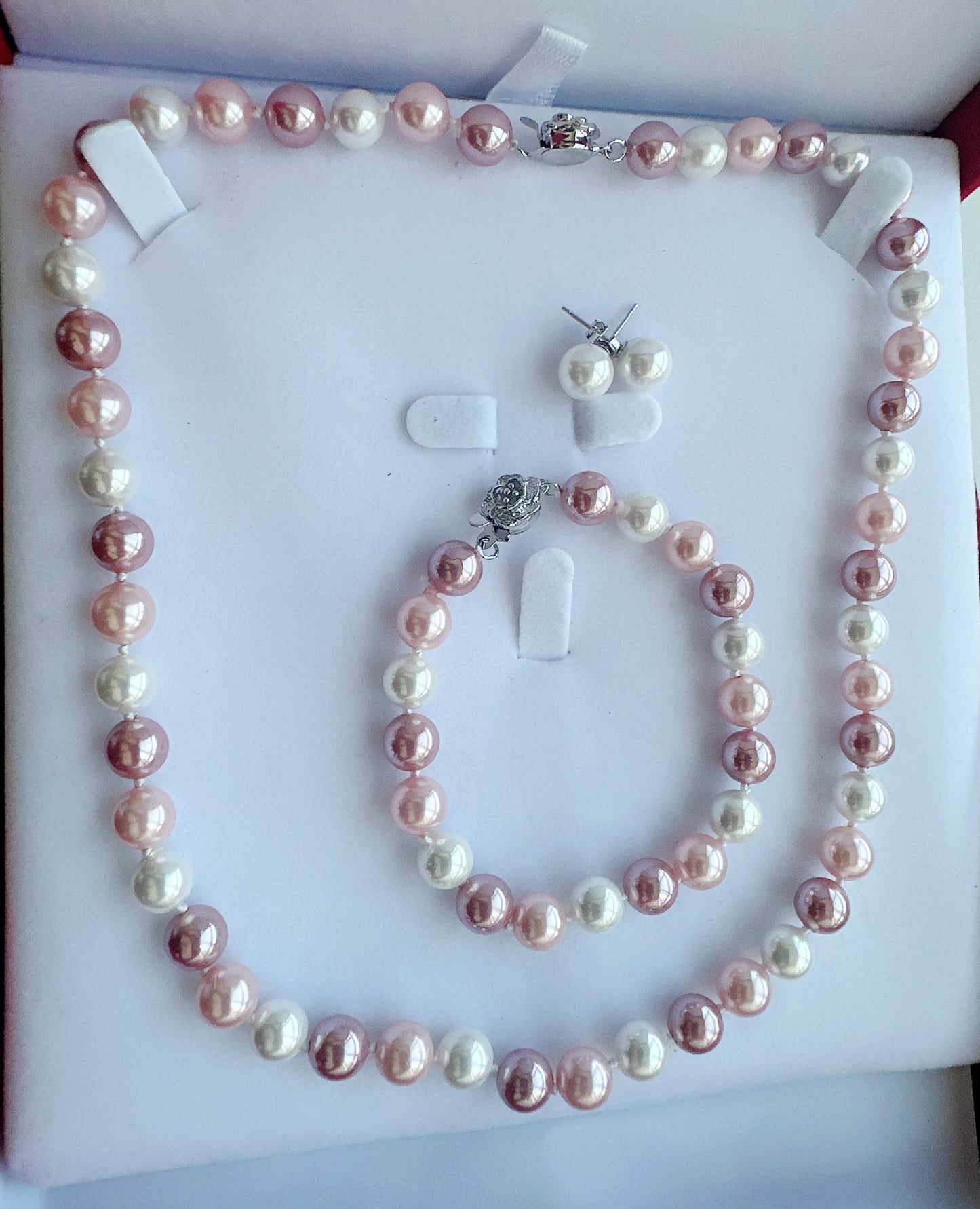 8mm Mother of Pearl Set of Earrings, Bracelet & Necklace with flower clasp - jptreasureschest