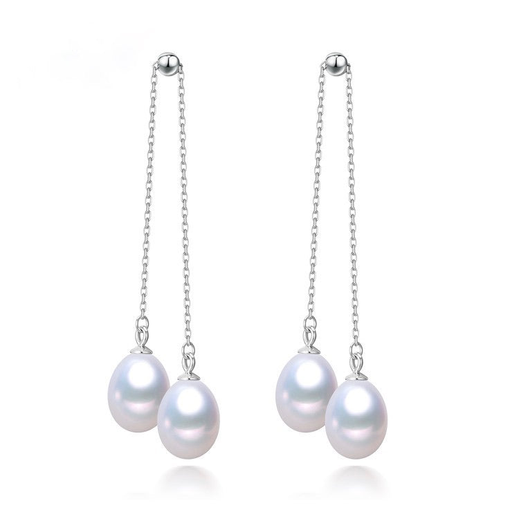 Movable Chain Double Freshwater Pearl Dangling Earrings 925 Sterling Silver Sitting - jptreasureschest
