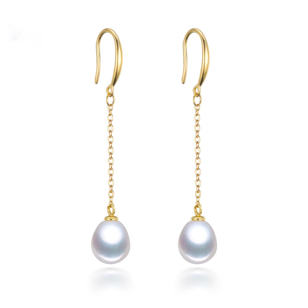 Classic 8-9mm AAA Long Dangling Freshwater Pearl Earrings 925 sterling silver gold plated - jptreasureschest