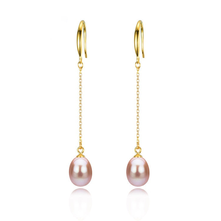 Classic 8-9mm AAA Long Dangling Freshwater Pearl Earrings 925 sterling silver gold plated - jptreasureschest