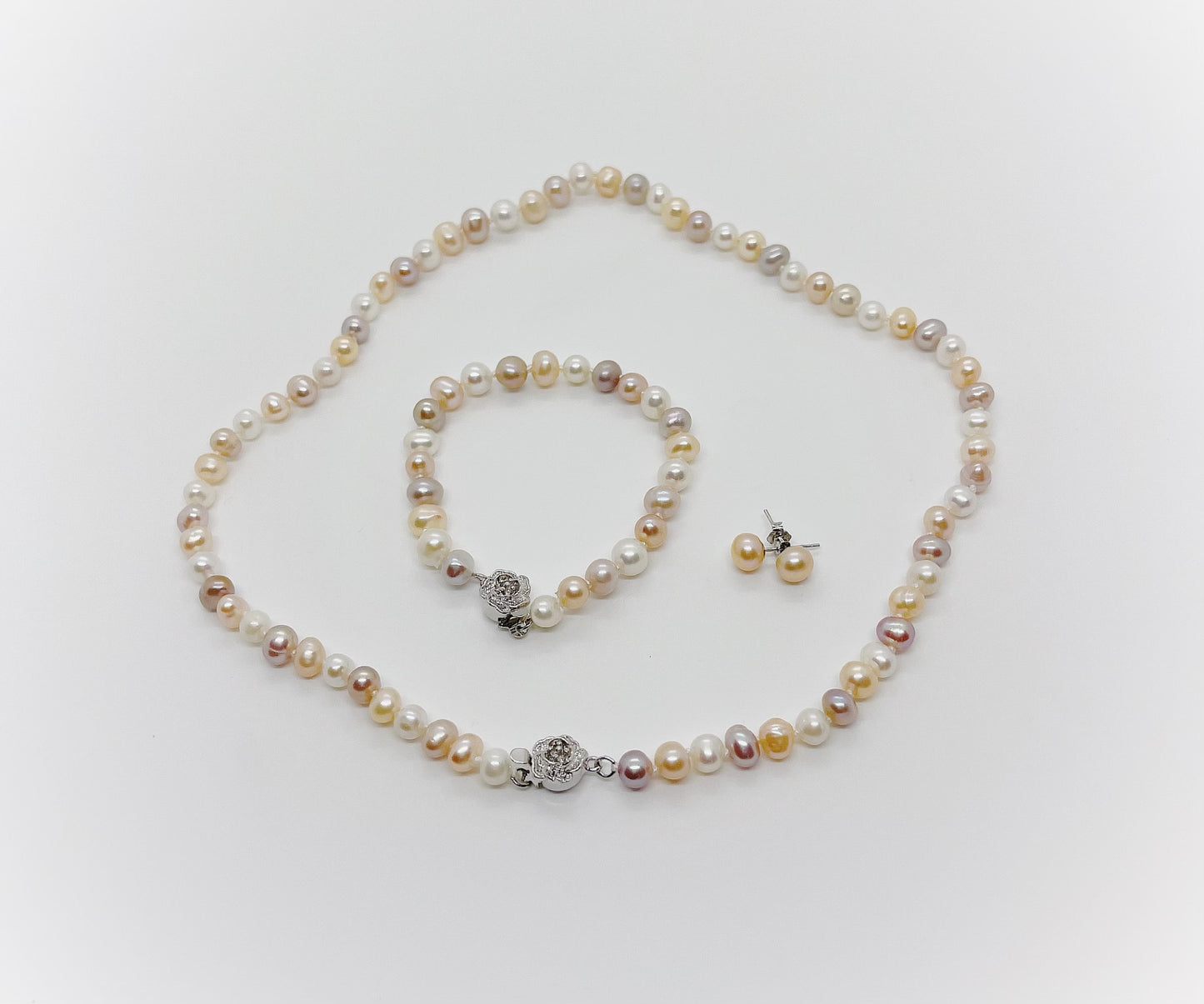 Set of Earrings, Bracelet & Necklace 6mm size Freshwater Pearl with Flower Clasp - jptreasureschest