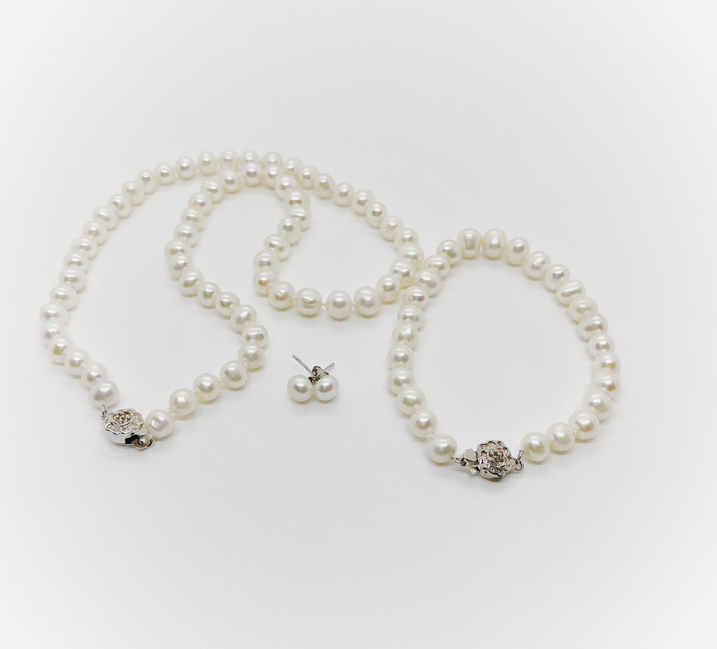 Set of Earrings, Bracelet & Necklace 6mm size Freshwater Pearl with Flower Clasp - jptreasureschest