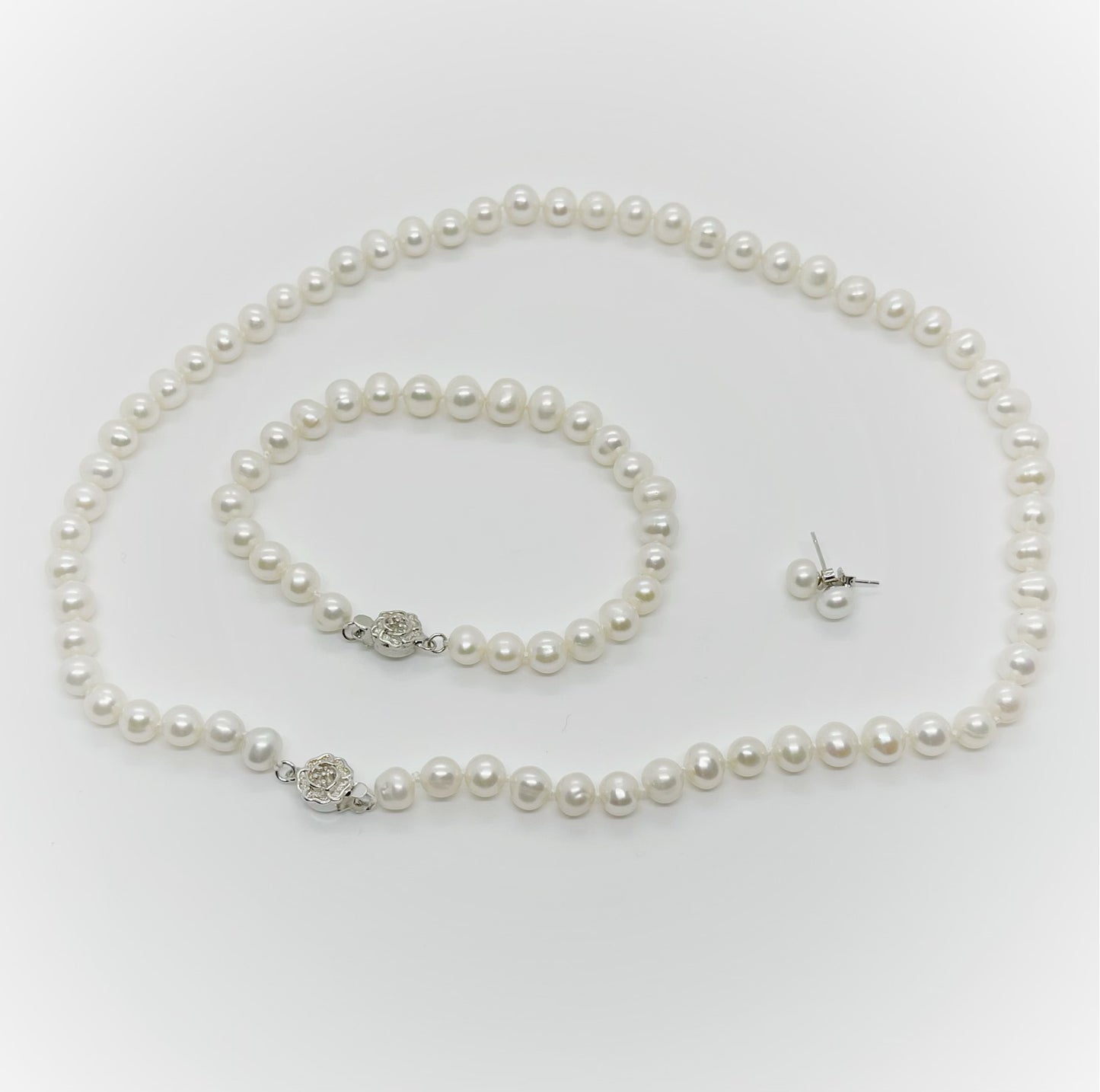 Set of Earrings, Bracelet & Necklace 6mm size Freshwater Pearl with Flower Clasp - jptreasureschest