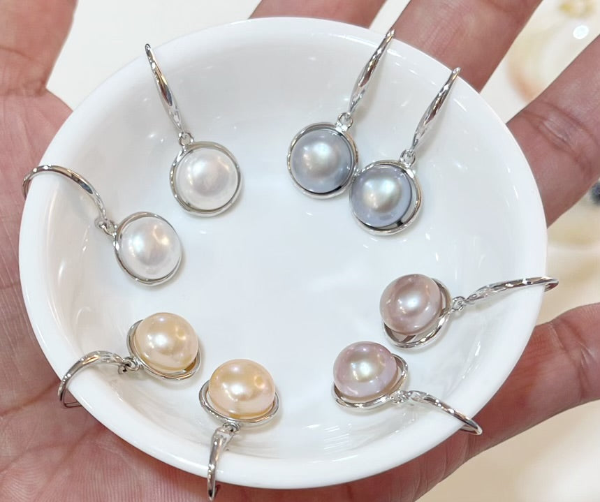 9-10mm AAA Button Freshwater Pearl Dangling Earrings 925 Sterling Silver - jptreasureschest