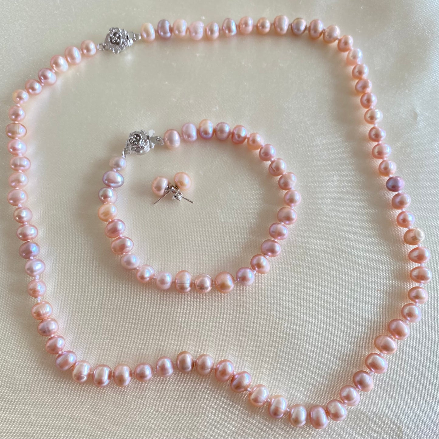 6-8mm Set of Freshwater Pearl Necklace, Bracelet and Earrings with Flower Clasp - jptreasureschest