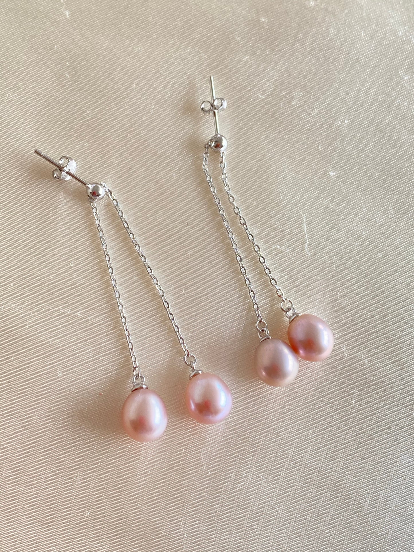 Movable Chain Double Freshwater Pearl Dangling Earrings 925 Sterling Silver Sitting - jptreasureschest