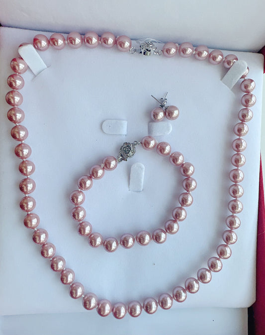 8mm Mother of Pearl Set of Earrings, Bracelet & Necklace with flower clasp - jptreasureschest