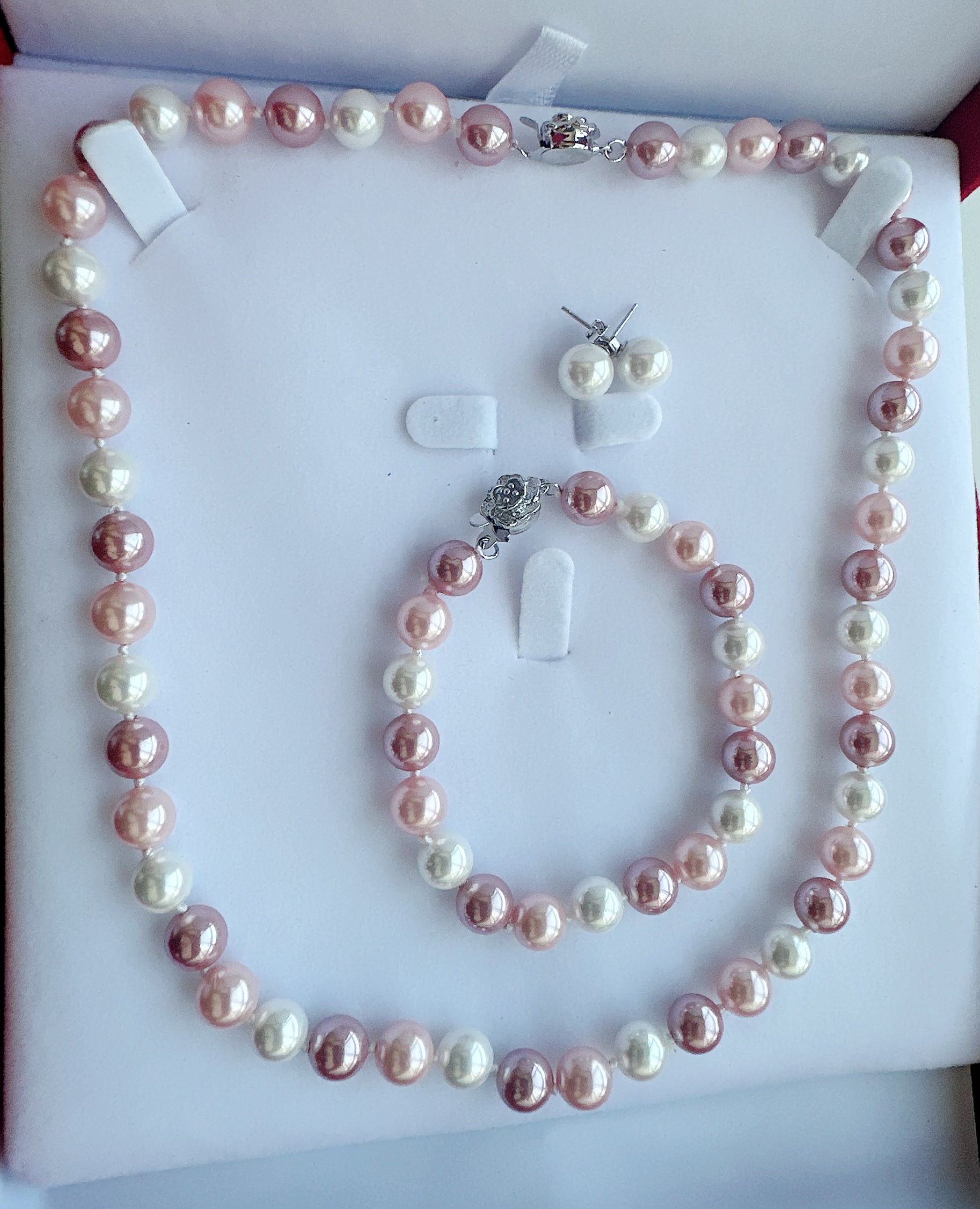 8mm Mother of Pearl Set of Earrings, Bracelet & Necklace with flower clasp - jptreasureschest