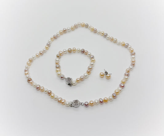 Set of Earrings, Bracelet & Necklace 6mm size Freshwater Pearl with Flower Clasp - jptreasureschest