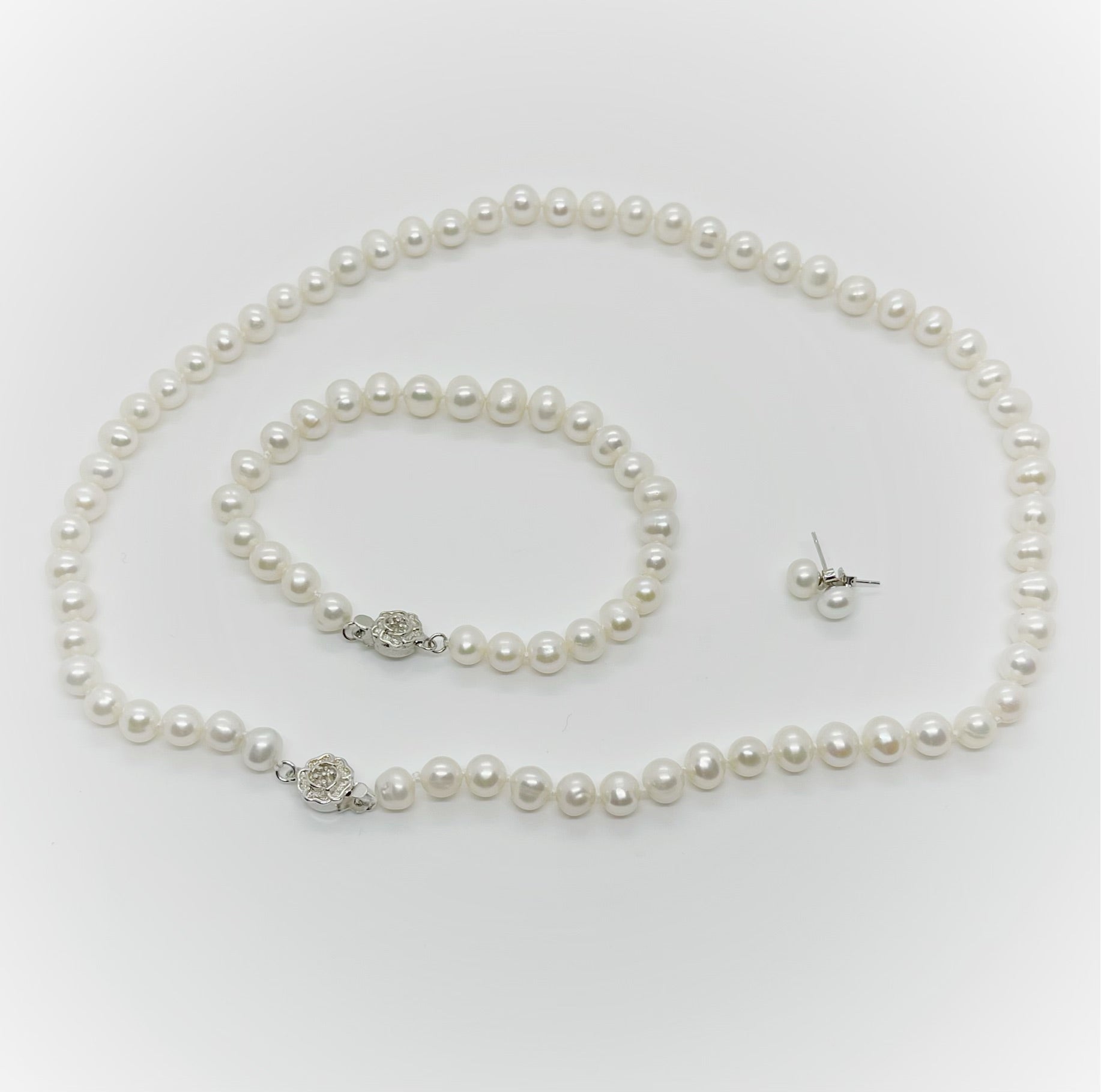 Set of Earrings, Bracelet & Necklace 6mm size Freshwater Pearl with Flower Clasp - jptreasureschest