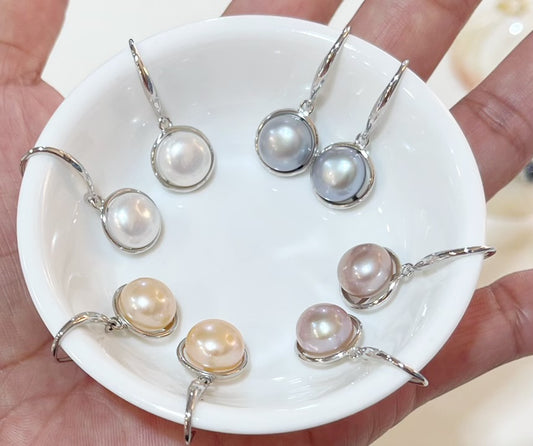 9-10mm AAA Button Freshwater Pearl Dangling Earrings  925 Sterling Silver - jptreasureschest