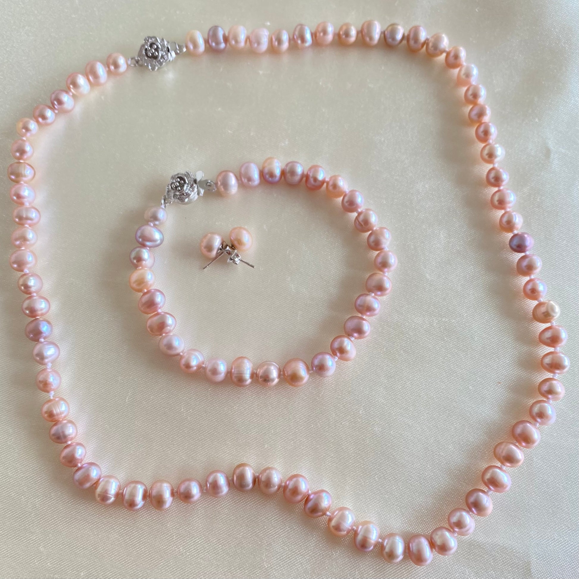 6-8mm Set of Freshwater Pearl Necklace, Bracelet and Earrings with Flower Clasp - jptreasureschest