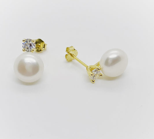 8-10mm AAA Grade Button Freshwater Pearl Stud with Cubic Zirconia - jptreasureschest