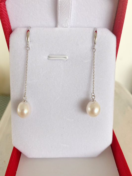 Classic 8-9mm AAA Long Dangling Freshwater Pearl Earrings 925 Sterling Silver - jptreasureschest